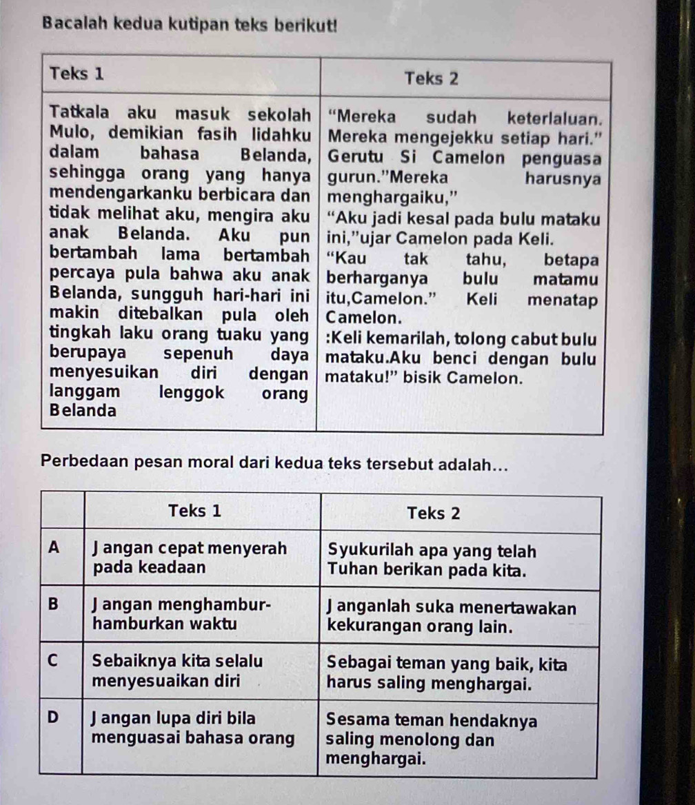 Bacalah kedua kutipan teks berikut! 
Perbedaan pesan moral dari kedua teks tersebut adalah...