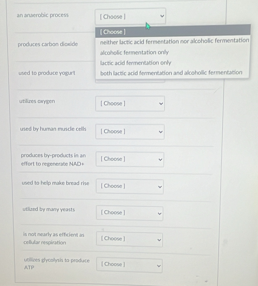 an anaerobic process [ Choose ]
[ Choose ]
produces carbon dioxide neither lactic acid fermentation nor alcoholic fermentation
alcoholic fermentation only
lactic acid fermentation only
used to produce yogurt both lactic acid fermentation and alcoholic fermentation
utilizes oxygen [ Choose ]
used by human muscle cells [ Choose ]
produces by-products in an [ Choose ]
effort to regenerate NAD+
used to help make bread rise [ Choose ]
utlized by many yeasts [ Choose ]
is not nearly as efficient as [ Choose ]
cellular respiration
utilizes glycolysis to produce [ Choose ]
ATP