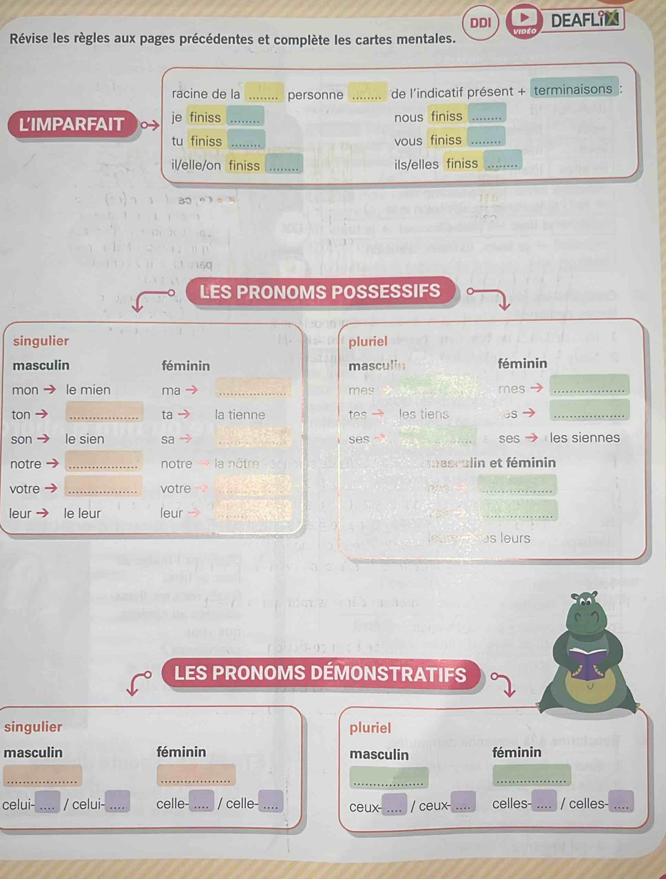 DDI DEAFLIM
Révise les règles aux pages précédentes et complète les cartes mentales.
racine de la _personne _de l'indicatif présent + terminaisons :
LIMPARFAIT je finiss _nous finiss_
tu finiss _vous finiss_
il/elle/on finiss _ils/elles finiss_
LES PRONOMS POSSESSIFS
singulier pluriel
masculin féminin masculie féminin
mon le mien ma _mes mes_
ton _ta la tienne tes les tiens GS_
son le sien sa ses __ses les siennes
notre _notre la nôtre masculin et féminin
votre _votre
_
leur le leur leur_
_
es leurs
LES PRONOMS DÉMONSTRATIFS
singulier pluriel
masculin féminin masculin féminin
_
_
_
_
celui- _/ celui- celle- _/ celle-_ ceux _/ ceux _celles- _/ celles-_