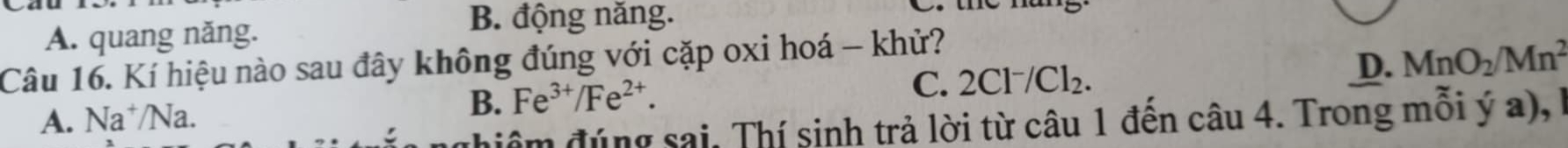 A. quang năng.
B. động năng.
Câu 16. Kí hiệu nào sau đây không đúng với cặp oxi hoá - khử?
C. 2Cl^-/Cl_2.
D. MnO_2/Mn^2
A. Na⁺/Na.
B. Fe^(3+)/Fe^(2+). 
đhiêm đúng sai. Thí sinh trả lời từ câu 1 đến câu 4. Trong mỗi ý a), l