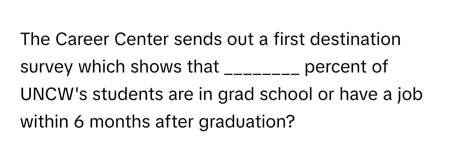 The Career Center sends out a first destination survey which shows that ________ percent of UNCW's students are in grad school or have a job within 6 months after graduation?