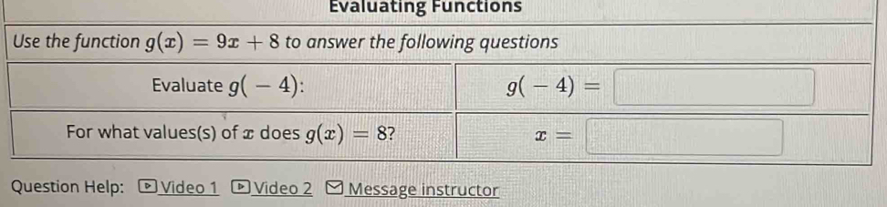 Evaluating Functions
Question Help: Video 1   Video 2 Message instructor