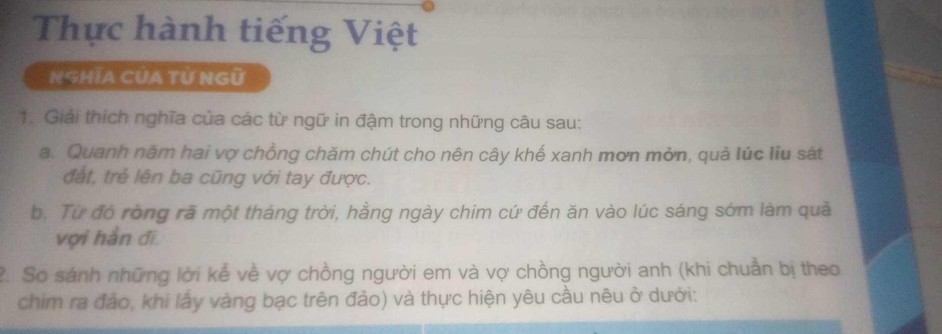 Thực hành tiếng Việt 
NGHĩA CủA Tử Ngữ 
1. Giải thích nghĩa của các từ ngữ in đậm trong những câu sau: 
a. Quanh năm hai vợ chồng chăm chút cho nên cây khế xanh mơn mởn, quả lúc liu sát 
đất, trẻ lên ba cũng với tay được. 
b. Từ đó ròng rã một tháng trời, hằng ngày chim cứ đến ăn vào lúc sáng sớm làm quả 
vợi hần đĩ. 
2. So sánh những lời kể về vợ chồng người em và vợ chồng người anh (khi chuẩn bị theo 
chim ra đảo, khi lấy vàng bạc trên đảo) và thực hiện yêu cầu nêu ở dưới: