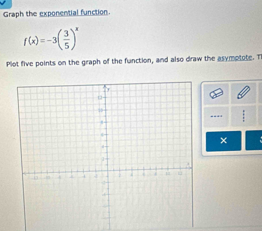 Graph the exponential function.
f(x)=-3( 3/5 )^x
Plot five points on the graph of the function, and also draw the asymptote. T 
: 
×