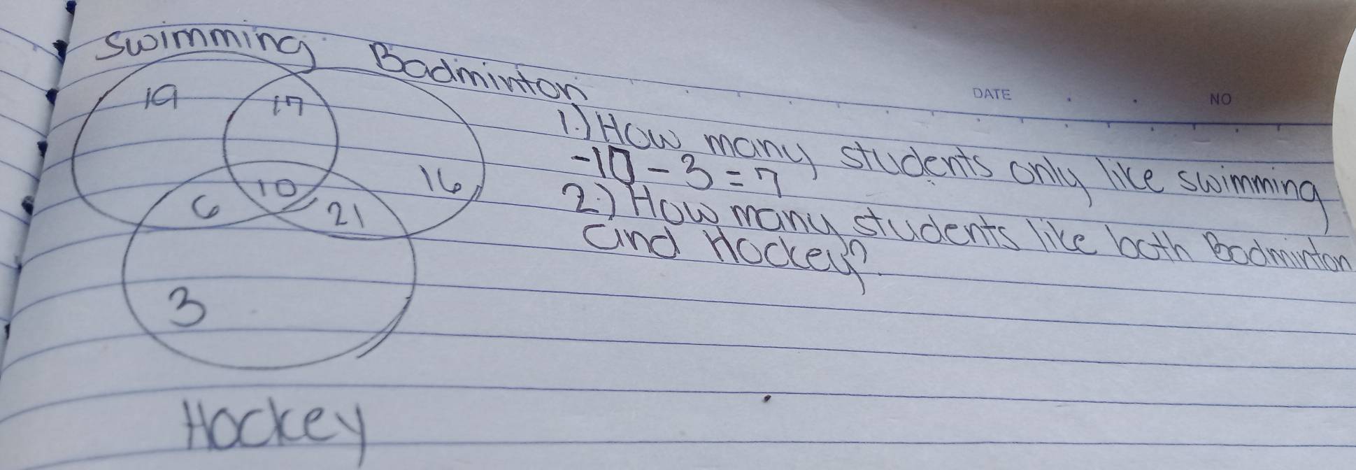 swimming Badmiviton 
10 
in 
1
10
1C
-10-3=7
y students only like swimming 
Co
21
2) How many students like both bodminton 
and nodeys
3
Hockey