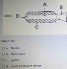 Select one:
a. Nozzle
b. Motor case
c. Igniter
d. Liquid propellant charge