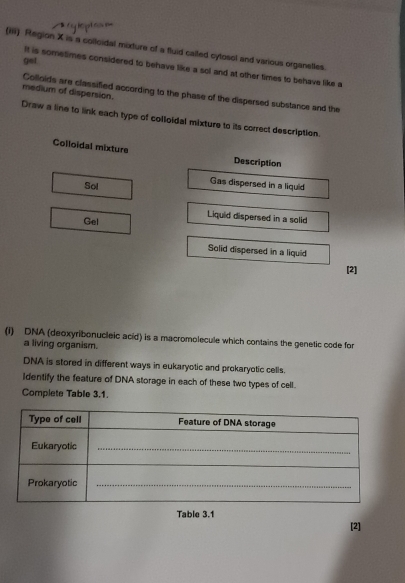 (iii) Region X is a colloidal mixture of a fluid cailed cytosol and various organetles. 
get 
It is sometimes considered to behave like a sol and at other times to behave like a 
Colloids are classified according to the phase of the dispersed substance and the 
Draw a line to link each type of colloidal mixture to its correct description. medium of dispersion. 
Colloidal mixture 
Description 
Sol 
Gas dispersed in a liquid 
Liquid dispersed in a solid 
Gel 
Solid dispersed in a liquid 
[2] 
(i) DNA (deoxyribonucleic acid) is a macromolecule which contains the genetic code for 
a living organism. 
DNA is stored in different ways in eukaryotic and prokaryotic cells. 
identify the feature of DNA storage in each of these two types of cell. 
Complete Table 3.1. 
Table 3.1
[2]