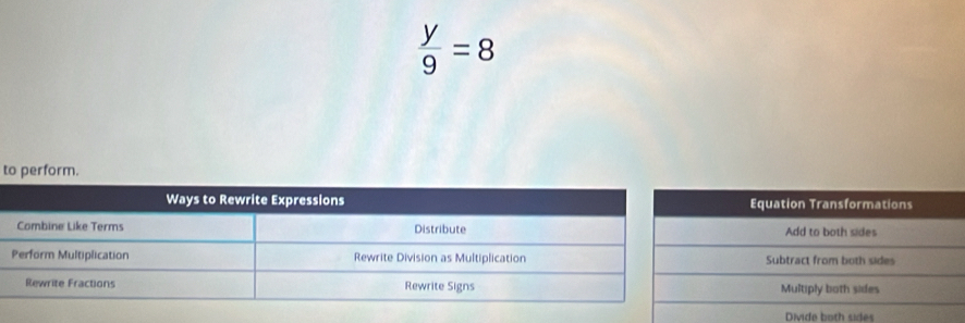  y/9 =8
to perform. 
Divide both sides