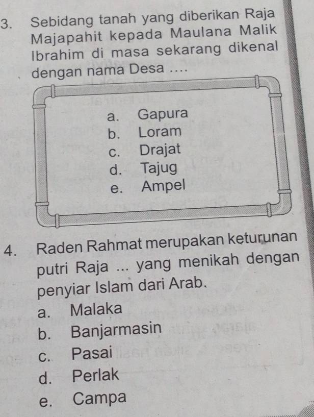 Sebidang tanah yang diberikan Raja
Majapahit kepada Maulana Malik
Ibrahim di masa sekarang dikenal
dengan nama Desa ....
a. Gapura
b. Loram
c. Drajat
d. Tajug
e. Ampel
4. Raden Rahmat merupakan keturunan
putri Raja ... yang menikah dengan
penyiar Islam dari Arab.
a. Malaka
b. Banjarmasin
c. Pasai
d. Perlak
e. Campa