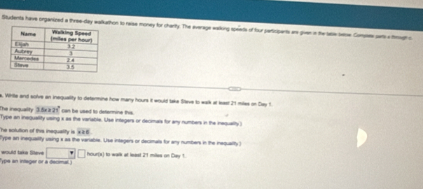 Students have organized a three-day walkathon to raise money for charity. The average walking speeds of four paricipants ar given in the table belse. Consaes pars a tmughth c 
a. Write and solve an inequality to determine how many hours it would take Steve to walk at least 21 miles on Cay f. 
The inequality 3.5x≥ 21° can be used to determine this. 
Type an inequality using x as the variable. Use integers or decimals for any numbers in the inequality) 
he solution of this inequality is overline x≥ 6. 
Type an inequality using x as the variable. Use integers or decimals for any numbers in the inequality) 
would take Steve □ □ hour(s) to walk at least 21 miles on Day 1. 
Type an integer or a decimal.)