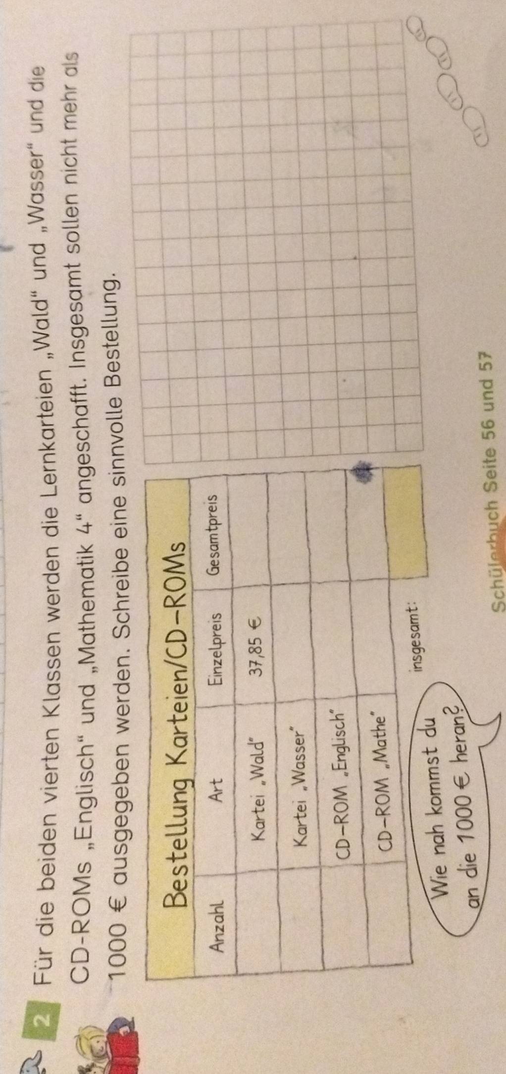 Für die beiden vierten Klassen werden die Lernkarteien „Wald“ und „Wasser" und die 
CD-ROMs „Englisch“ und „Mathematik 4'' angeschafft. Insgesamt sollen nicht mehr als
1000 € ausgegeben werden. Schreibe eine sinnvolle Bestellung. 
Wie nah kom 
an die 1000€ heran? 
Schülerbuch Seite 56 und 57
~