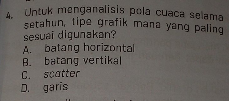 Untuk menganalisis pola cuaca selama
setahun, tipe grafik mana yang paling
sesuai digunakan?
A. batang horizontal
B. batang vertikal
C. scatter
D. garis