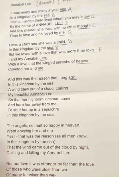 Annabel Lee 
It was many and many a year ago. 
In a kingdom by the sea, 
That a maiden there lived whom you may know 
By the name of ANNABEL LEE; 
And this maiden she lived with no other thought 
Than to love and be loved by me. 
I was a child and she was a child, 
In this kingdom by the sea; 
But we loved with a love that was more than love- 
I and my Annabel Lee; 
With a love that the winged seraphs of heaven 
Coveted her and me. 
And this was the reason that, long ago. 
In this kingdom by the sea, 
A wind blew out of a cloud, chilling 
My beautiful Annabel Lee; 
So that her highborn kinsman came 
And bore her away from me, 
To shut her up in a sepulchre 
In this kingdom by the sea. 
The angels, not half so happy in heaven, 
Went envying her and me- 
Yes! - that was the reason (as all men know, 
In this kingdom by the sea) 
That the wind came out of the cloud by night, 
Chilling and killing my Annabel Lee. 
But our love it was stronger by far than the love 
Of those who were older than we- 
Of many far wiser than we-