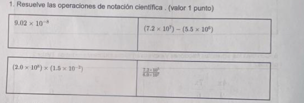 Resuelve las operaciones de notación científica . (valor 1 punto)