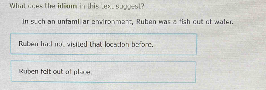 What does the idiom in this text suggest?
In such an unfamiliar environment, Ruben was a fish out of water.
Ruben had not visited that location before.
Ruben felt out of place.