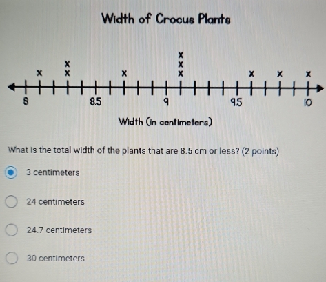 Width of Crocus Plants
What is the total width of the plants that are 8.5 cm or less? (2 points)
3 centimeters
24 centimeters
24.7 centimeters
30 centimeters