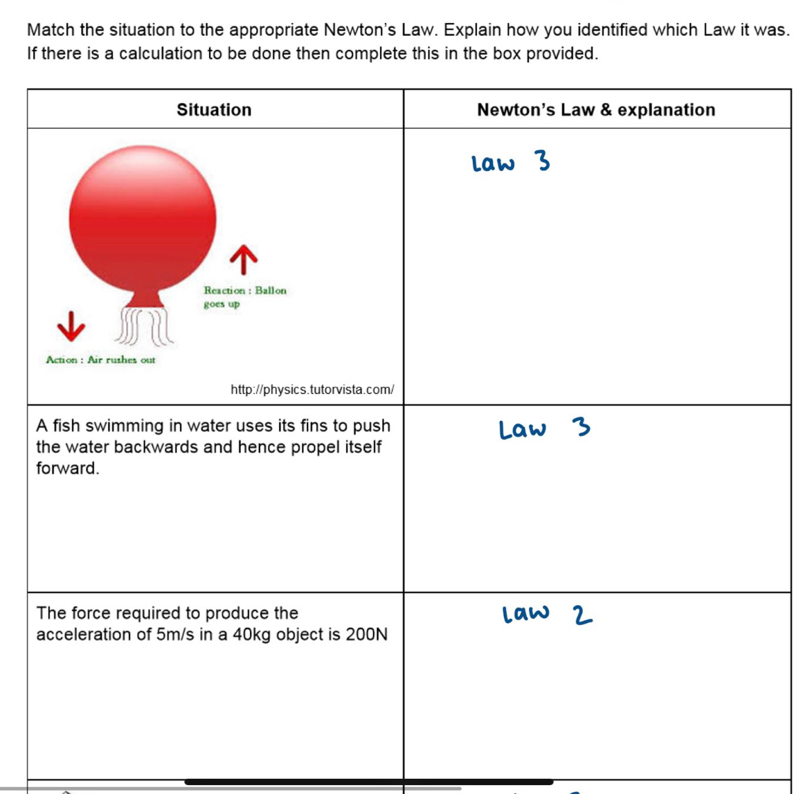 Match the situation to the appropriate Newton's Law. Explain how you identified which Law it was. 
If there is a calculation to be done then complete this in the box provided. 
f