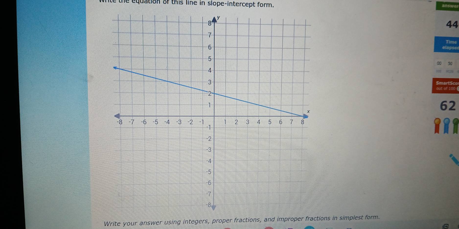 wle the equation of this line in slope-intercept form. 
answer 
44 
Time 
elapse 
00 50 
SmartSco 
out of 100
62 
Write your answer using integers, proper fractions, and improper fractions in simplest form.