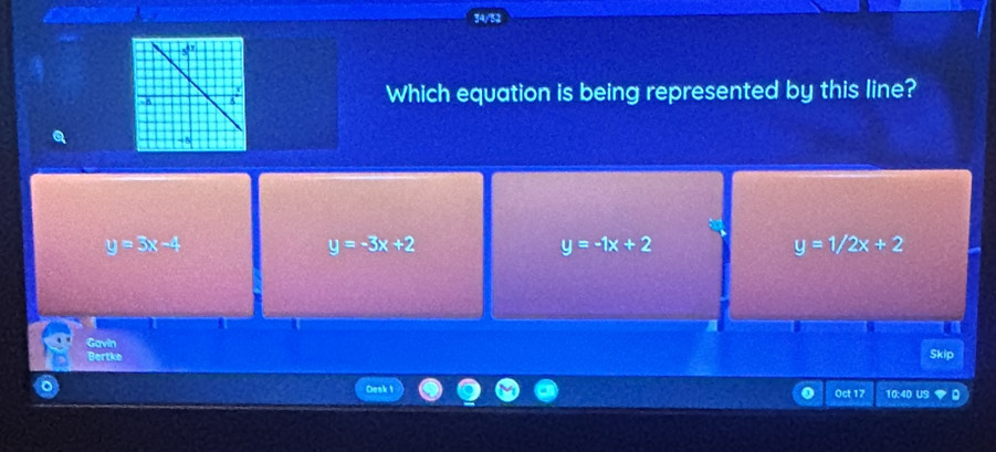 Which equation is being represented by this line?
Q
y=3x-4
y=-3x+2
y=-1x+2
y=1/2x+2
Gavin
Bertke Skip
Oesk t 10:40 US
Oct 17