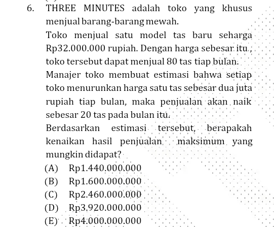 THREE MINUTES adalah toko yang khusus
menjual barang-barang mewah.
Toko menjual satu model tas baru seharga
Rp32.000.000 rupiah. Dengan harga sebesar itu ;
toko tersebut dapat menjual 80 tas tiap bulan.
Manajer toko membuat estimasi bahwa setiap
toko menurunkan harga satu tas sebesar dua juta
rupiah tiap bulan, maka penjualan akan naik
sebesar 20 tas pada bulan itu.
Berdasarkan estimasi tersebut, berapakah
kenaikan hasil penjualan maksimum yan
mungkin didapat?
(A) Rp1.440.000.000
(B) Rp1.600.000.000
(C) Rp2.460.000.000
(D) Rp3.920.000.000
(E) Rp4.000.000.000