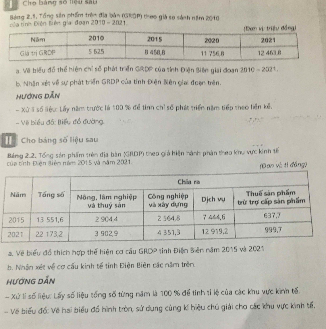 Cho bảng số liệu sau 
Bảng 2.1. Tổng sản phẩm trên địa bân (GRDP) theo giá sọ sánh năm 2010
của tỉnh Điện Biên giai đoạn 2010 - 2021. 
a. Vẽ biểu đồ thể hiện chỉ số phát triển GRDP của tỉnh Điện Biên giai đoạn 2010-2021. 
b. Nhận xét về sự phát triển GRDP của tỉnh Điện Biên giai đoạn trên. 
hưỚnG DẫN 
- Xừ lí số liệu: Lấy năm trước là 100 % để tính chỉ số phát triển năm tiếp theo liền kể. 
- Vẽ biểu đồ: Biểu đồ đường. 
Cho bảng số liệu sau 
Bảng 2.2. Tổng sản phẩm trên địa bàn (GRDP) theo giá hiện hành phân theo khu vực kinh tế 
của tỉnh Điện Biên năm 2015 và năm 2021. 
(Đơn vị: tỉ đồng) 
a. Vẽ biểu đồ thích hợp thể hiện cơ cấu GRDP tỉnh Điện Biên năm 2015 và 2021 
b. Nhận xét về cơ cấu kinh tế tỉnh Điện Biên các năm trên. 
HƯỚNG DẤN 
- Xử lí số liệu: Lấy số liệu tổng số từng năm là 100 % để tính tỉ lệ của các khu vực kinh tế. 
-- Vẽ biểu đồ: Vẽ hai biểu đồ hình tròn, sử dụng cùng kí hiệu chú giải cho các khu vực kinh tế.