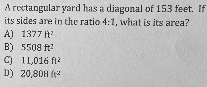 Solved: A rectangular yard has a diagonal of 153 feet. If its sides are ...