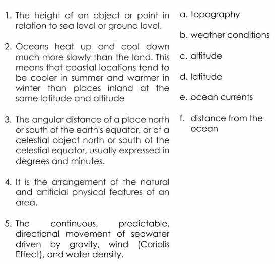 The height of an object or point in a. topography
relation to sea level or ground level.
b. weather conditions
2. Oceans heat up and cool down
much more slowly than the land. This c. altitude
means that coastal locations tend to
be cooler in summer and warmer in d. latitude
winter than places inland at the
same latitude and altitude e. ocean currents
3. The angular distance of a place north f. distance from the
or south of the earth's equator, or of a ocean
celestial object north or south of the
celestial equator, usually expressed in
degrees and minutes.
4. It is the arrangement of the natural
and artificial physical features of an
area.
5. The continuous, predictable,
directional movement of seawater
driven by gravity, wind (Coriolis
Effect), and water density.