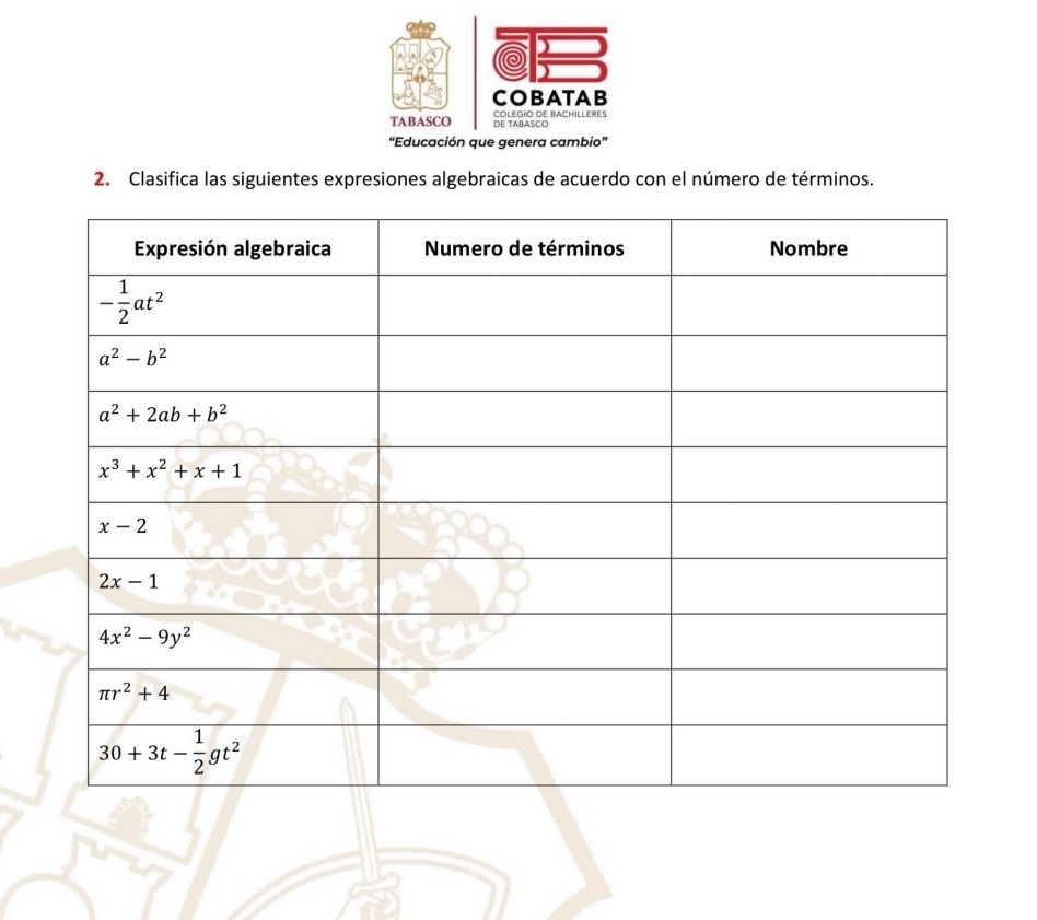 COBATAB
TABASCO DE TABASCO COLEGIO DE BACHILLERES
“Educación que genera cambio”
2. Clasifica las siguientes expresiones algebraicas de acuerdo con el número de términos.