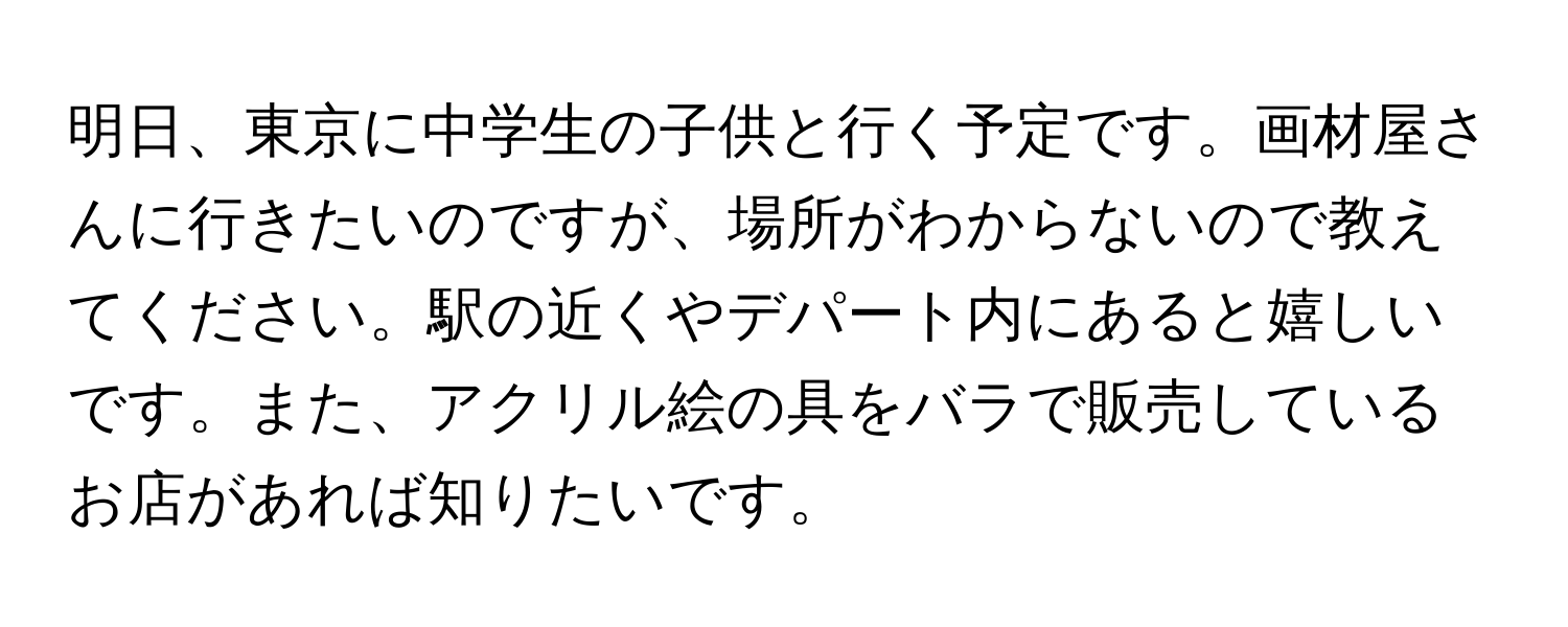 明日、東京に中学生の子供と行く予定です。画材屋さんに行きたいのですが、場所がわからないので教えてください。駅の近くやデパート内にあると嬉しいです。また、アクリル絵の具をバラで販売しているお店があれば知りたいです。