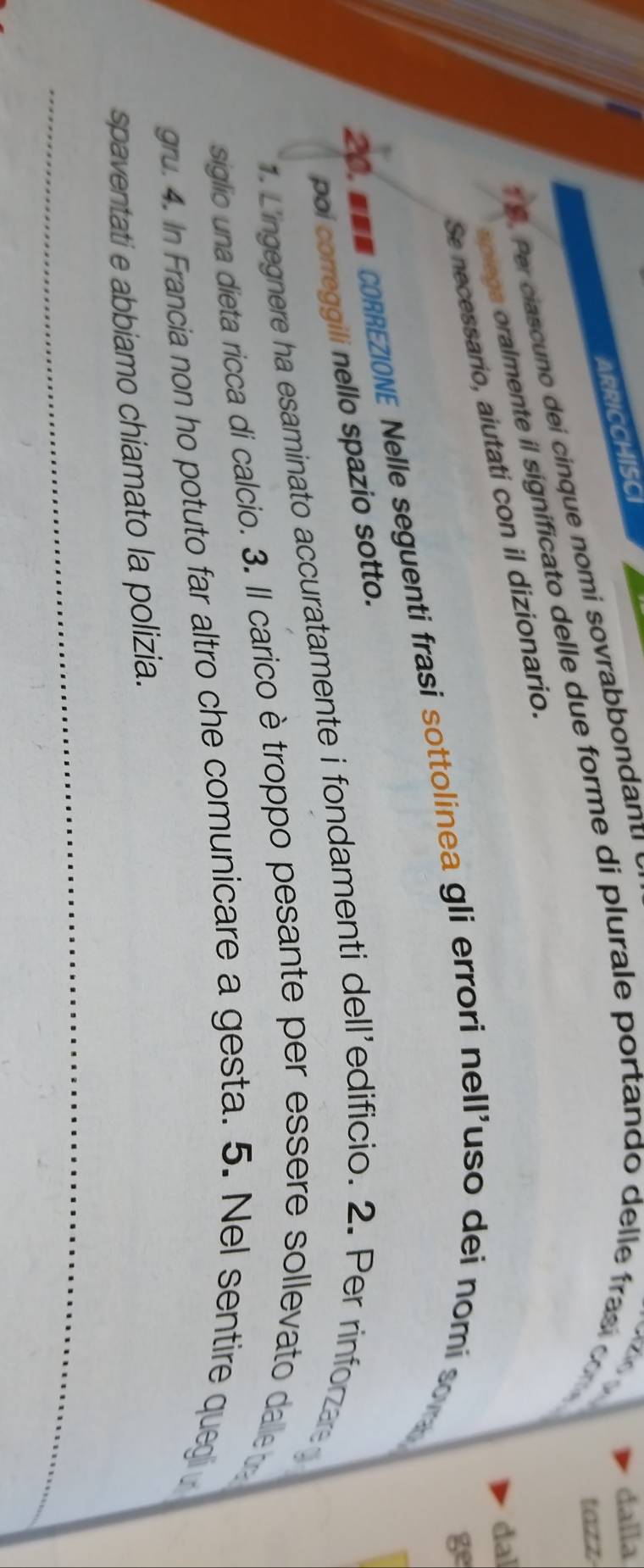 arricchisci 
Per ciascuno dei cinque nomi sovrabbondant 
dalla 
aplege oralmente il significato delle due forme di plurale portando delle frasi c 
tazz 
dal 
Se necessario, aiutati con il dizionario. 
g 
20. ==■ CORREZIONE Nelle seguenti frasi sottolinea gli errori nell'uso dei nomi sore 
poi correggili nello spazio sotto. 
. L'ingegnere ha esaminato accuratamente i fondamenti dell’edificio. 2. Per rinforzae 
siglio una dieta ricca di calcio. 3. Il carico è troppo pesante per essere sollevato dae d 
gru. 4. In Francia non ho potuto far altro che comunicare a gesta. 5. Nel sentire quegiu 
spaventati e abbiamo chiamato la polizia.