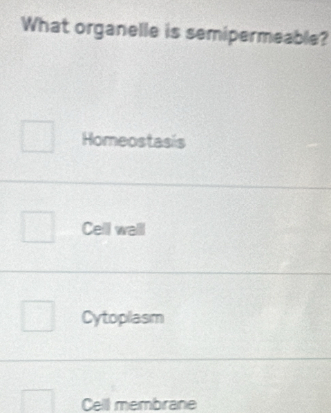 What organelle is semipermeable?
Homeostasis
Cell wall
Cytoplasm
Celll membrane