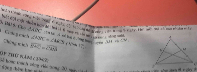 thoàn thành công việc trong 6 ngày, đội ba hoàn thành công việc trong 8 ngày. Hôi mỗi đội có bao nhiều máy 
T c a c a tre b a canh dong có c u ng đ i n nên , t ộ i tộ t no a n t 
biết đội một nhiều hơn đội hai là 6 máy và các máy có cùng năng suấn 
3: Bài 9: Cho △ ABC cân tại A có hai đường trung tuyên BM và CN 
Chứng minh △ NBC=△ MCB (Hình 17). 
Chứng minh widehat BNC=widehat CMB
Qp thứ năm ( 20/02) 
Để hoàn thành công việc trong 20 ngày thị số 
1 động thêm bao nhiêu