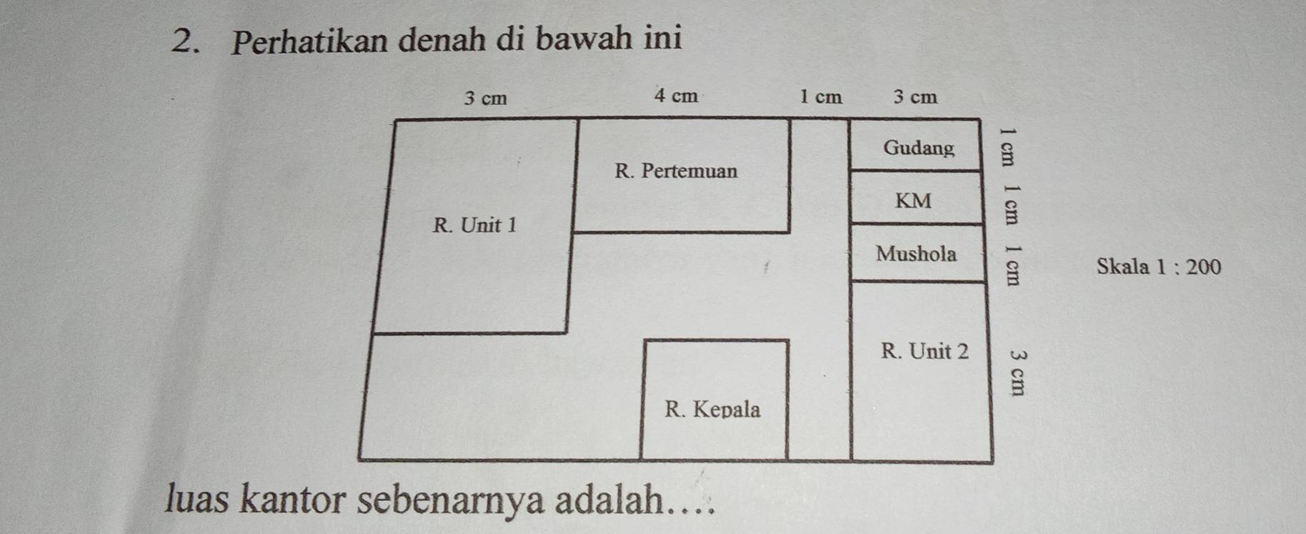 Perhatikan denah di bawah ini 
Skala 1:200
luas kantor sebenarnya adalah….