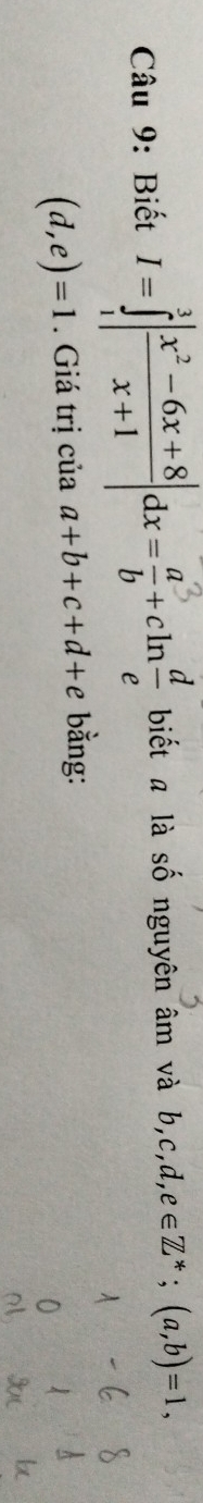 Biết 1-j| -+*|dx-;+cin: biết a là số nguyên âm và b b, c, d, e∈ Z^*; (a,b)=1,
(d,e)=1. Giá trị của a+b+c+d+e bằng: