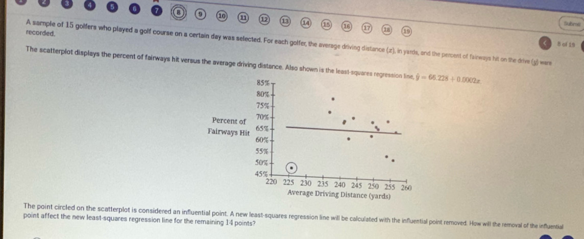 9 
11 
Subet 
recorded. 
A sample of 15 golfers who played a golf course on a certain day was selected. For each golfer, the average driving distance (z), in yards, and the percent of fairways hit on the drive (y) were
8 of 19
The scatterplot displays the percent of fairways hit versus the average driving distance. Also shown is the least-squares r hat y=66.228+0.0002x
Per 
Fair 
Average Driving Distance (yards) 
The point circled on the scatterplot is considered an influential point. A new least-squares regression line will be calculated with the influential point removed. How will the removal of the influential 
point affect the new least-squares regression line for the remaining 14 points?