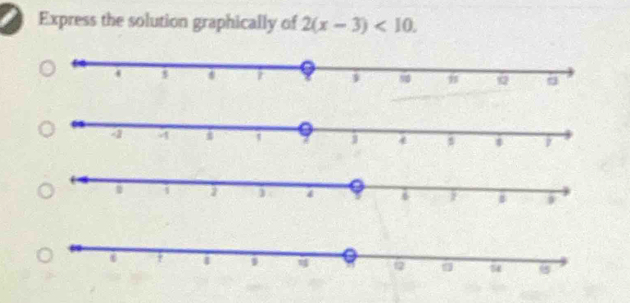 Express the solution graphically of 2(x-3)<10</tex>.