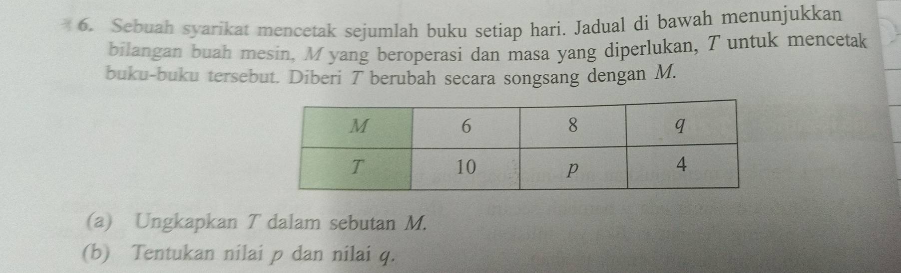 Sebuah syarikat mencetak sejumlah buku setiap hari. Jadual di bawah menunjukkan 
bilangan buah mesin, M yang beroperasi dan masa yang diperlukan, T untuk mencetak 
buku-buku tersebut. Diberi T berubah secara songsang dengan M. 
(a) Ungkapkan T dalam sebutan M. 
(b) Tentukan nilai p dan nilai q.