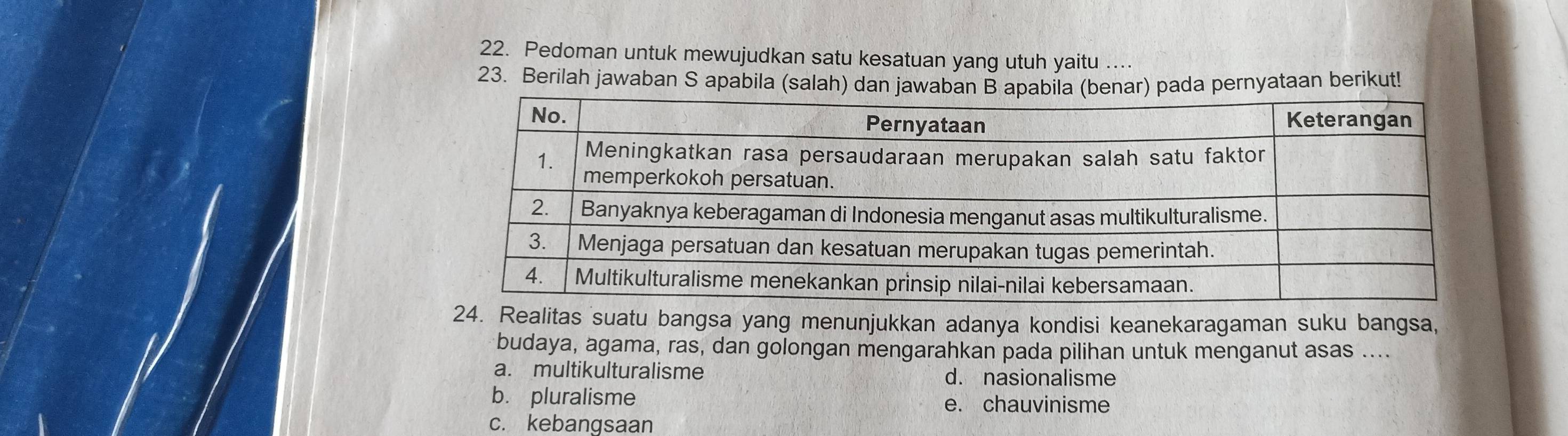 Pedoman untuk mewujudkan satu kesatuan yang utuh yaitu ...
23. Berilah jawaban S apabila (salah) dan jawab pada pernyataan berikut!
24. Realitas suatu bangsa yang menunjukkan adanya kondisi keanekaragaman suku bangsa,
budaya, agama, ras, dan golongan mengarahkan pada pilihan untuk menganut asas ....
a. multikulturalisme d. nasionalisme
b. pluralisme e. chauvinisme
c. kebangsaan