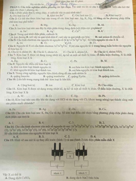 Thời gian lầm bài 45 phún
Họ và tên h..
PHAN I, Câu trác nghiệm nhiều phương ăn lựa chọm. Thí sinh trà lời từ cầu 3 đến cầu 48. Mỗi cầu hội thí
sinh chỉ chọn 1 phường ản
Cầu 1.Điện phân BsCl₃ nóng chây, ở cathode xây ra quá trình não?
A. Oxi hoá ion Ca^(2+) B. Khứ ion B 30° C. Oxi hoá ion CT. D, Khứ son Cl.
Câu 2: Có thể thu được kim loại nào trong số các kim loại sau: Ag, K, Mg. Al bằng cá ba phương pháp điều
chế kim loại phổ biển?
A. K. B. Mg. C. Ag D. AL
Câu 3: lon kim loại nào sau đây bị điện phân trong dung dịch (với điện cực graphite)?
A. Na”. B. Ag . C. Ca^(2+). D. K^+
Cầu 4: Trong quả trình điện phân, cathode là
A. cực đương.B. nơi xây ra quả trình khử.C. nơi xảy ra quá trình oxi hóa. D. nơi anion di chuyển về
1s^52s^22p^63s^23p^3
Cầu 5: Cầu hình electrom của nguyên tử nguyên tổ X∪ C. 13. . Số hiệu nguyên tử của X là
A. 14. B. 15 D. 27.
Cầu 6: Nguyên tử X có cầu hình electron 1s^22s^22p^63s^3.Vi trí của nguyên tố X trong bãng tuần hoàn các nguyên
tổ hóa học là
A. Chu kì 4, nhóm IA B. Chu kì 3, nhóm IA. C. Chu ki 3, nhóm IA. D. Cha kì 4. nhêm VIIA.
Câu 7: Kim loại X được sử dụng trong nhiệt kế, áp kế và một số thiết bị khác. Ở điều kiện thường, X là chất
lóng. Kim loại X là
A. Hg B. Cr C. Pb. D. W
Cầu 8: Nguyên tắc điều chế kim loại là
A. khứ ion kim loại thành nguyên tử B. oxi hóa ion kim loại thành nguyên tử.
C. khứ nguyên tử kim loại thành ion. D. oxi hóa nguyên từ kim loại thānh ion.
Câu 9. Trong công nghiệp, nguyên liệu chính dùng để sản xuất nhôm là
A. quling bauxite. B. quậng manhetite C. quặng Pyrite D. quặng dolomite.
Câu 10. Liên kết trong mạng tinh thể kim loại là liên kết:
A. Cộng hoá trị B. ion C. Kim loại D. Cho nhận
Câu 11. Kim loại X được sử dụng trong nhiệt kế, áp kế và một số thiết bị khác. Ở điều kiện thường, X là chất
lóng. Kim loại X là
A. W. B. Cr. C. Hg. D. Pb.
Câu 12. Kim loại nào sau đây khi tác dụng với HCI và tắc dụng với Cl_2 (được nung nỗng) tạo thành cũng một
sản phẩm muối chloride?
A. Fc. B. Ag. C, Zn. D. Cn.
Câu 13: Cho các kim loại sau: K, Ba, Cu và Ag. Số kim loại điều chế được bằng phương pháp điện phân dung
dịch (điện cực trơ) là
A. 1. B. 4. C. 3. D. 2.
Cầu 14. Cho cầu hình electron của một số nguyên tử sau: 1s^22s^22p^63s^23p^4 (1), 1s^22s^32p^63s^23p^5(2),1s^32s^22p^63s^3
(3), 1s^22s^1(4),1s^22s^22p^1 (5), 1s^2 (6), 1s^22s^22p^63s^23p^63d^64s^2 (7).
Số cầu hình electron của nguyên tứ kim loại là
A. 5. B. 3. C. 2. D. 4.
Câu 15: Hình vẽ sau mô tả sự thay đổi trước (hình 1) và sau (hình 2) khi điện phân mẫn chất X
Vậy X có thể là Hành 1 Hình 7
A. Dung dịch CuSO₄ B. dung dịch NaCl bão hòa