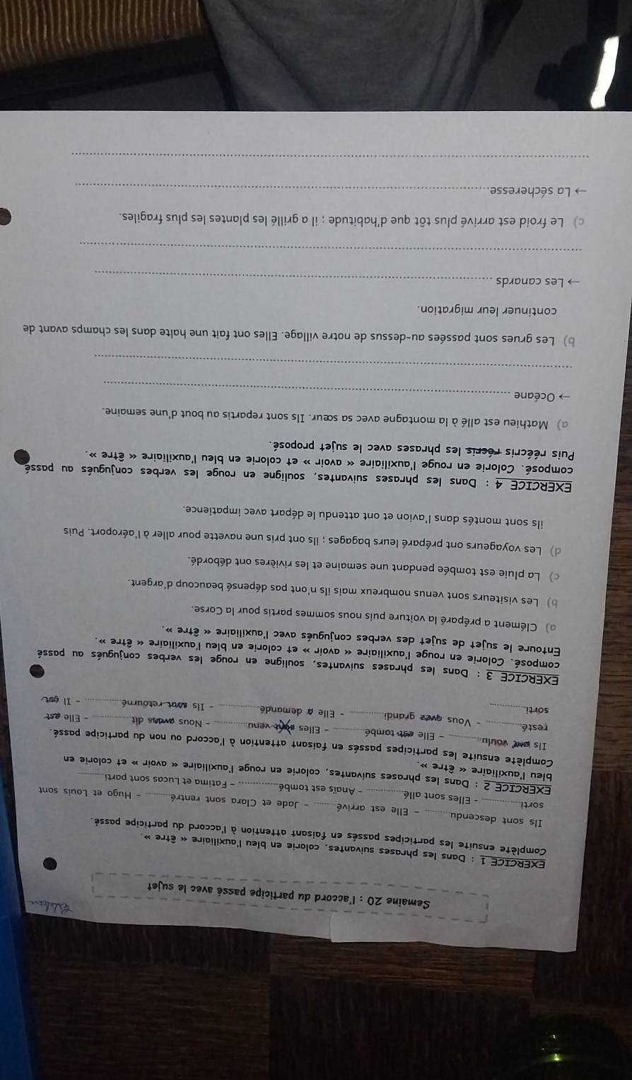 Semaine 20 : l'accord du participe passé avec le sujet
EXERCICE 1 : Dans les phrases suivantes, colorie en bleu l'auxiliaire « être ».
Complète ensuite les participes passés en faisant attention à l'accord du participe passé.
Ils sont descendu _- Elle est arrivé _- Jade et Clara sont rentré _- Hugo et Louis sont
sorti
- Elles sont allé. - Anaïs est tombé - Fatima et Lucas sont parti
EXERCICE_2 : Dans les phrases suivantes, colorie en rouge l'auxiliaire « avoir » et colorie en
bleu l'auxiliaire « être ».
Complète ensuite les participes passés en faisant attention à l'accord ou non du participe passé.
Ils onC voulu - Elle est tombé - Elles sont venu
resté_ _- Nous avns di - Elle est
_- Vous avez grandi - Eile  demandé _- Ils aout retourné _- Il gst
sorti.
EXERCICE 3 : Dans les phrases suivantes, souligne en rouge les verbes conjugués au passé
composé. Colorie en rouge l'auxiliaire « avoir » et colorie en bleu l'auxiliaire « être ».
Entoure le sujet de sujet des verbes conjugués avec l'auxiliaire « être ».
) Clément a préparé la voiture puis nous sommes partis pour la Corse.
b) Les visiteurs sont venus nombreux mais ils n'ont pas dépensé beaucoup d'argent.
c) La pluie est tombée pendant une semaine et les rivières ont débordé.
d) Les voyageurs ont préparé leurs bagages ; ils ont pris une navette pour aller à l'aéroport. Puis
ils sont montés dans l'avion et ont attendu le départ avec impatience.
EXERCICE 4 : Dans les phrases suivantes, souligne en rouge les verbes conjugués au passé
composé. Colorie en rouge l'auxiliaire « avoir » et colorie en bleu l'auxiliaire « être ».
Puis réécris récris les phrases avec le sujet proposé
a) Mathieu est allé à la montagne avec sa sœur. Ils sont repartis au bout d'une semaine.
→ Océane_
_
b) Les grues sont passées au-dessus de notre village. Elles ont fait une halte dans les champs avant de
continuer leur migration.
Les canards_
_
c) Le froid est arrivé plus tôt que d'habitude ; il a grillé les plantes les plus fragiles.
→ La secheresse_
_