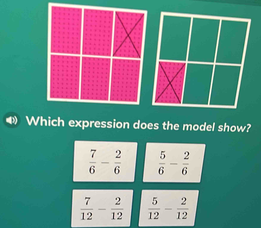 Which expression does the model show?
 7/6 - 2/6 
 5/6 - 2/6 
 7/12 - 2/12   5/12 - 2/12 