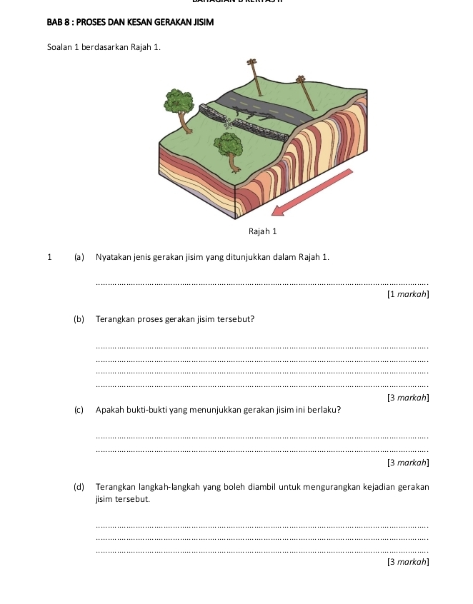 BAB 8 : PROSES DAN KESAN GERAKAN JISIM 
Soalan 1 berdasarkan Rajah 1. 
1 (a) Nyatakan jenis gerakan jisim yang ditunjukkan dalam Rajah 1. 
_ 
[1 markah] 
(b) Terangkan proses gerakan jisim tersebut? 
_ 
_ 
_ 
_ 
[3 markah] 
(c) Apakah bukti-bukti yang menunjukkan gerakan jisim ini berlaku? 
_ 
_ 
[3 markah] 
(d) Terangkan langkah-langkah yang boleh diambil untuk mengurangkan kejadian gerakan 
jisim tersebut. 
_ 
_ 
_ 
[3 markah]