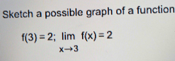 Sketch a possible graph of a function
f(3)=2; limlimits _xto 3f(x)=2