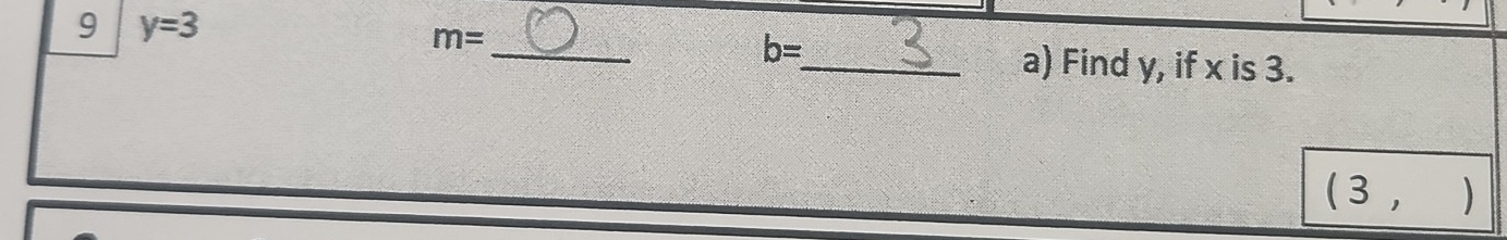 9 y=3
_
m=
b=
_a) Find y, if x is 3.
(3,)