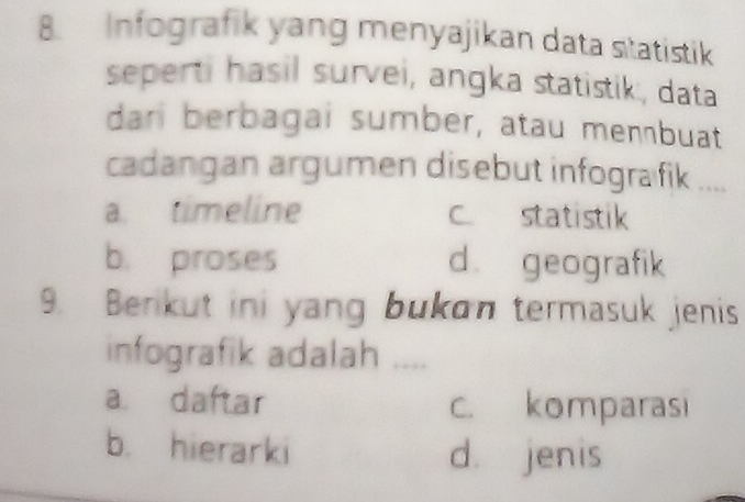Infografik yang menyajikan data statistik
seperti hasil survei, angka statistik, data
dari berbagai sumber, atau menbuat
cadangan argumen disebut infografik ....
a. timeline C. statistik
b. proses d geografik
9. Berikut ini yang bukan termasuk jenis
infografik adalah
a. daftar c. komparasi
b. hierarki d. jenis