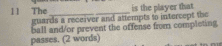 The __is the player that 
guards a receiver and attempts to intercept the 
ball and/or prevent the offense from completing 
passes. (2 words)