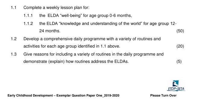 Solved: 1.1 Complete a weekly lesson plan for: 1.1.1 the ELDA “well ...