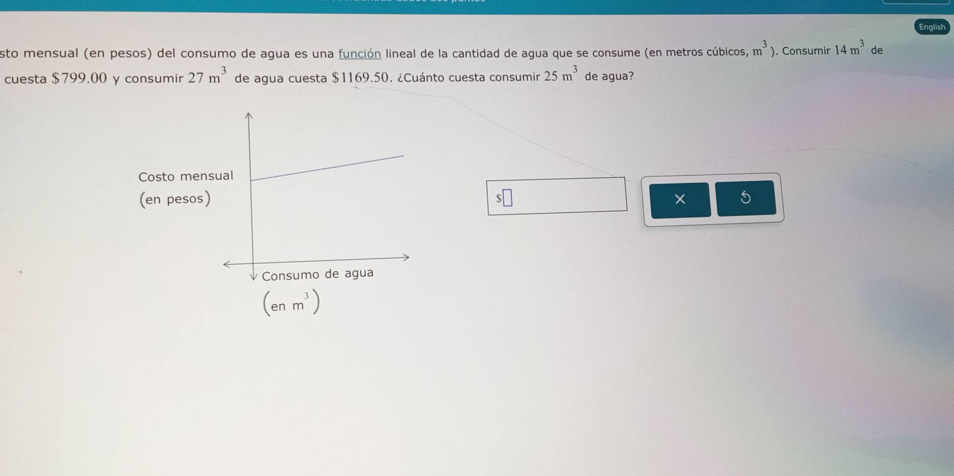 Enalish 
sto mensual (en pesos) del consumo de agua es una función lineal de la cantidad de agua que se consume (en metros cúbicos, m^3). Consumir 14m^3 de 
cuesta $799.00 y consumir 27m^3 de agua cuesta $1169.50. ¿Cuánto cuesta consumir 25m^3 de agua? 
Costo mens 
(en pesos)
(enm^3)