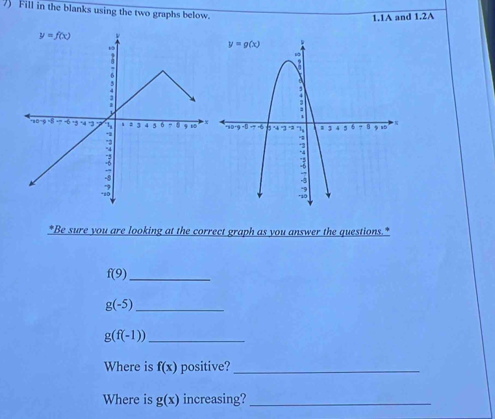 Fill in the blanks using the two graphs below.
1.1A and 1.2A
*Be sure you are looking at the correct graph as you answer the questions.*
_ f(9)
_ g(-5)
_ g(f(-1))
Where is f(x) positive?_
Where is g(x) increasing?_