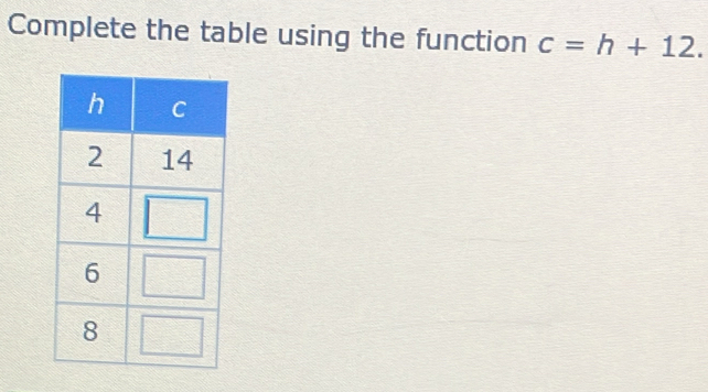 Complete the table using the function c=h+12.